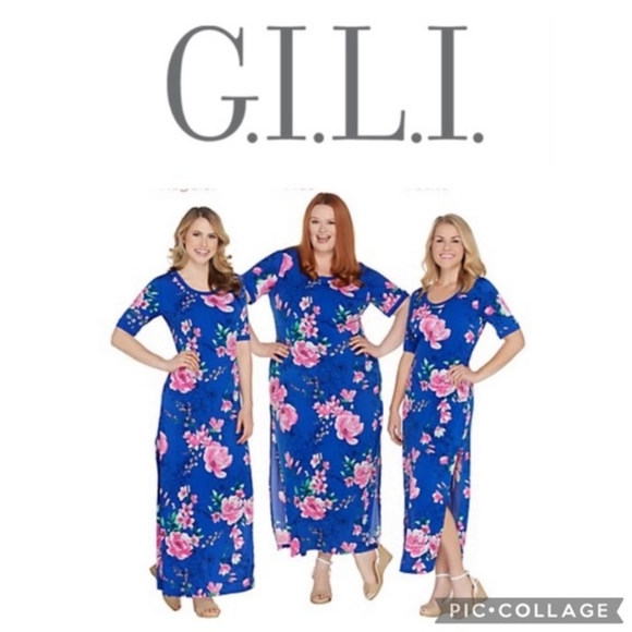 G.I.L.I. Short Sleeve Cobalt Blue Maxi Dress with Pink and White Flowers - XS - Picture 13 of 13